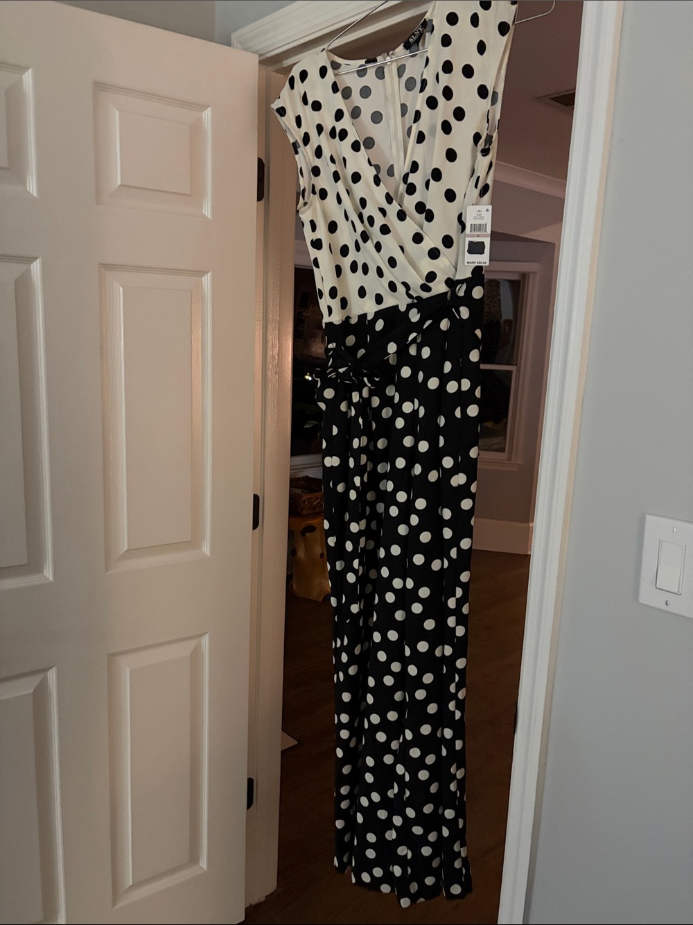 SLNY NWT Polka Dot Jumpsuit Size 12 Black Cream Cap Sleeve Pockets